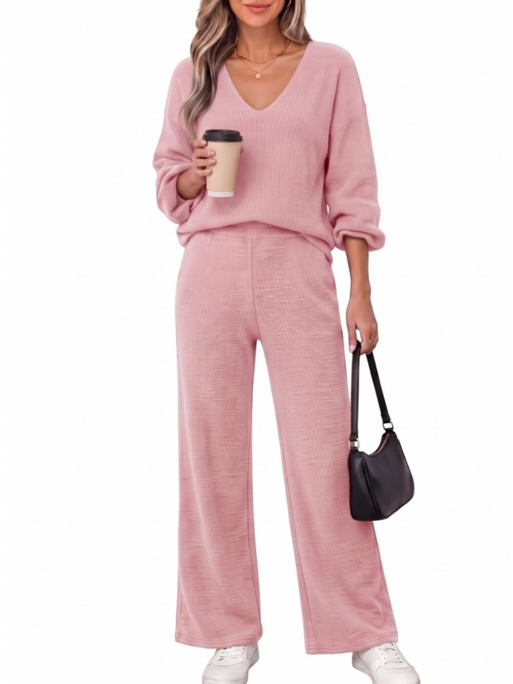Women's 2 Piece Long Sleeve Top and Wide Leg Pants Sweater Set